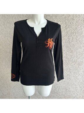 NWOT Womens Harley Davidson Black Henley Long Sleeve Top Shirt XL Biker